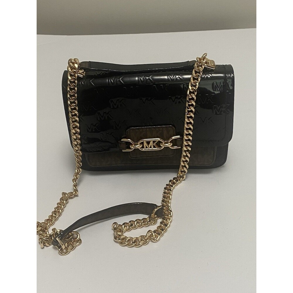 Michael Kors Logo Flap Crossbody Bag Black/Brown Magnetic Gold Chain Strap
